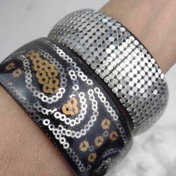 2 Blingy (1 Paisley) Boho Disco Resin Coated Chunky Cool Bangles EUC - Picture 10 of 12